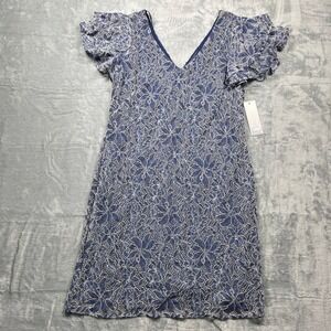 New York Clothing Company Blue White Lace Flutter Sleeve V‎ Neck Dress Size 14